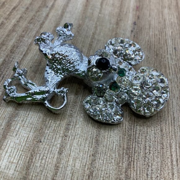 Poodle Rhinestone Vintage Silver Tone Green Eyes Pin Brooch - Picture 2 of 5